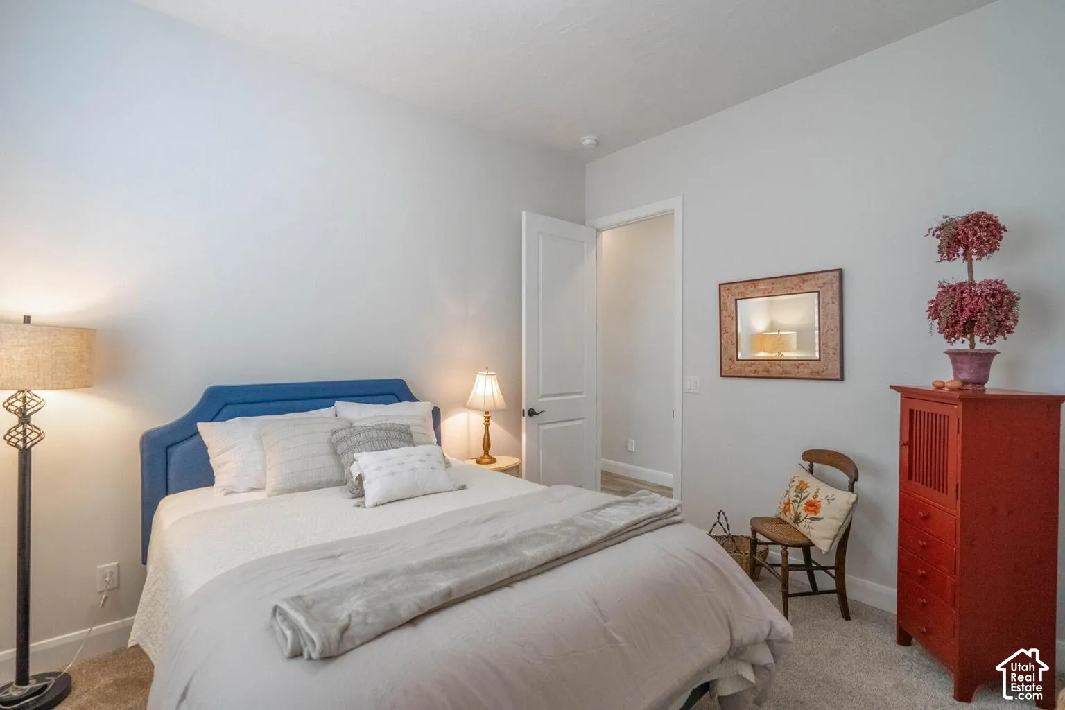 Plush carpeting, light gray wall color, white trim, and a white interior door with a dark handle