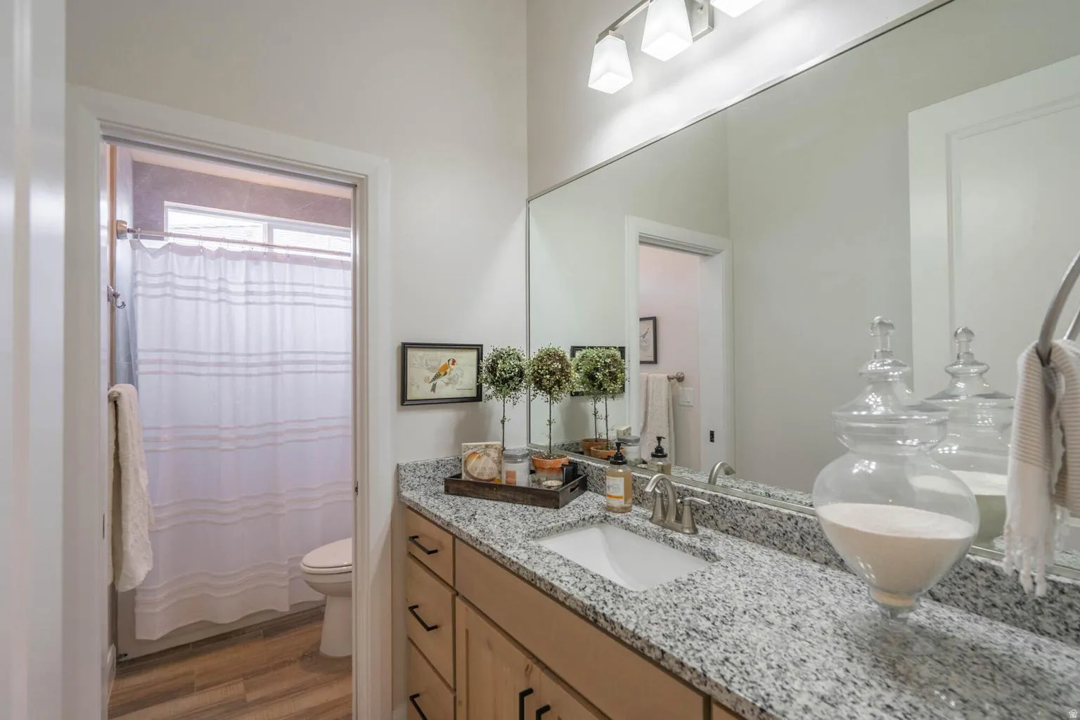 Light wood-finish vanity with ample storage, granite countertop, undermount sink, and large wall-mounted mirror