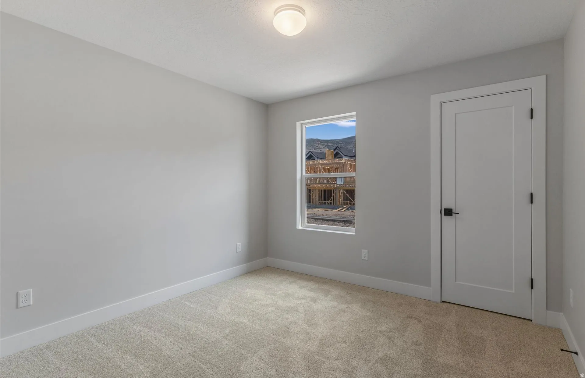 Neutral wall color, wall-to-wall carpeting, contemporary interior door with matte black hardware, recessed window, and flush mount ceiling light
