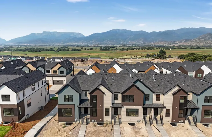 Modern row houses featuring multi-toned exteriors, dark shingle roofing, and mountain scenery