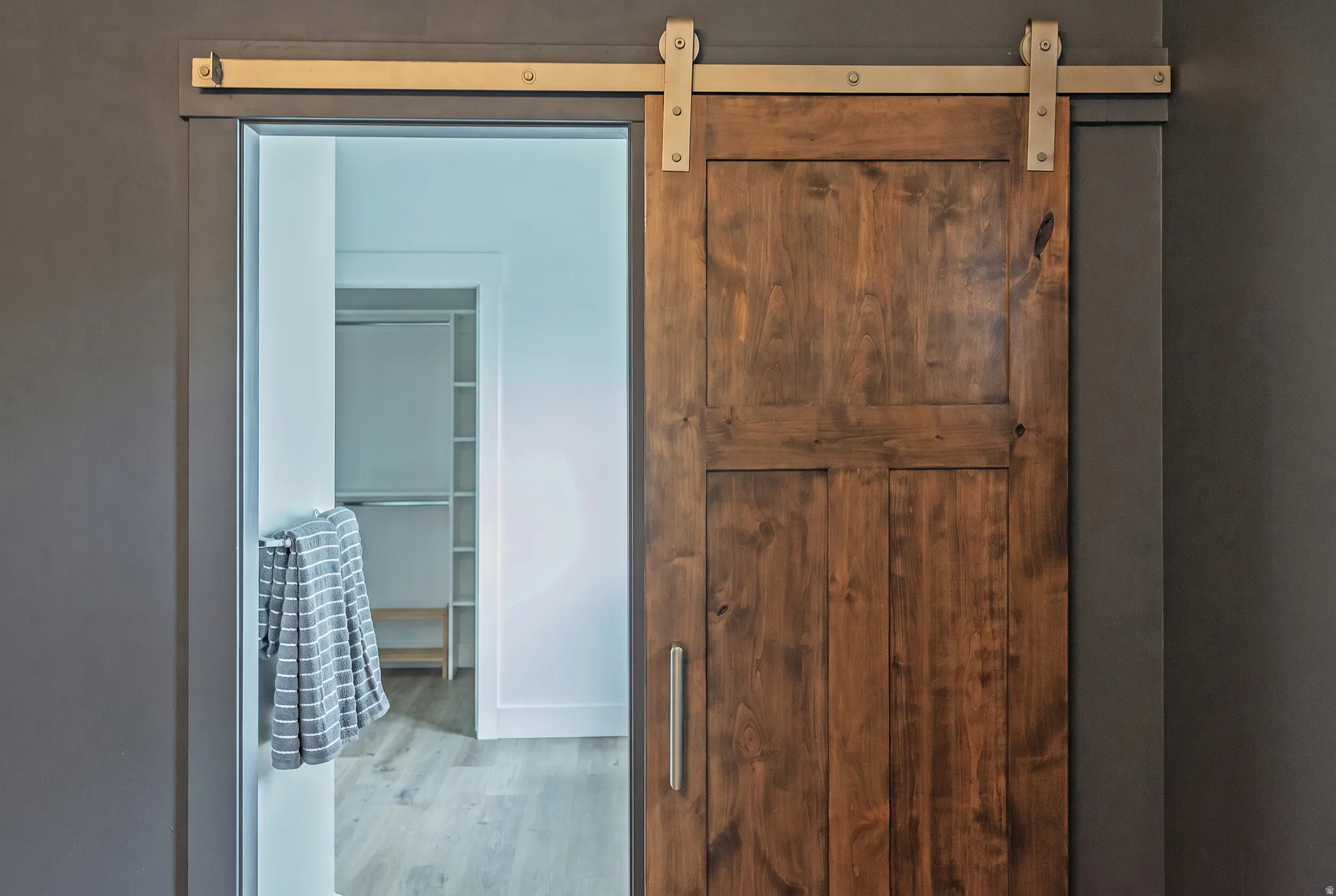 Wood-finish barn door with brushed brass hardware