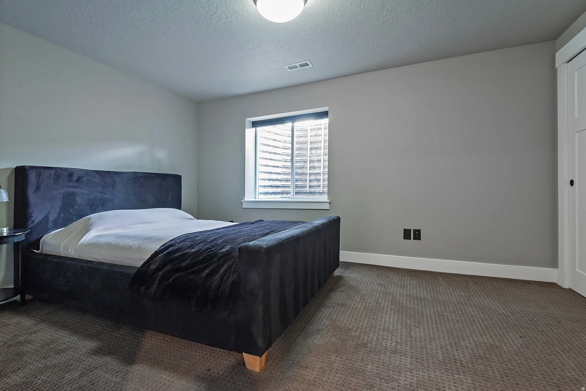 Recessed window with white trim, gray painted walls, textured carpeting, and a white paneled door