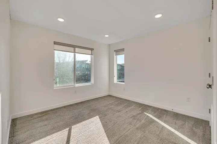 Recessed lighting, light gray carpeting, two windows, and white walls
