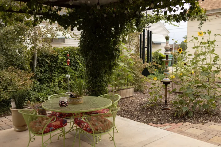 Paved patio with overhead trellis, surrounded by lush green foliage and mature plantings