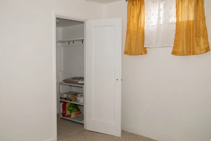 Bedroom with reach-in closet featuring adjustable shelving and hanging rod, carpeted flooring, and natural light from dual windows dressed with gold-toned curtains