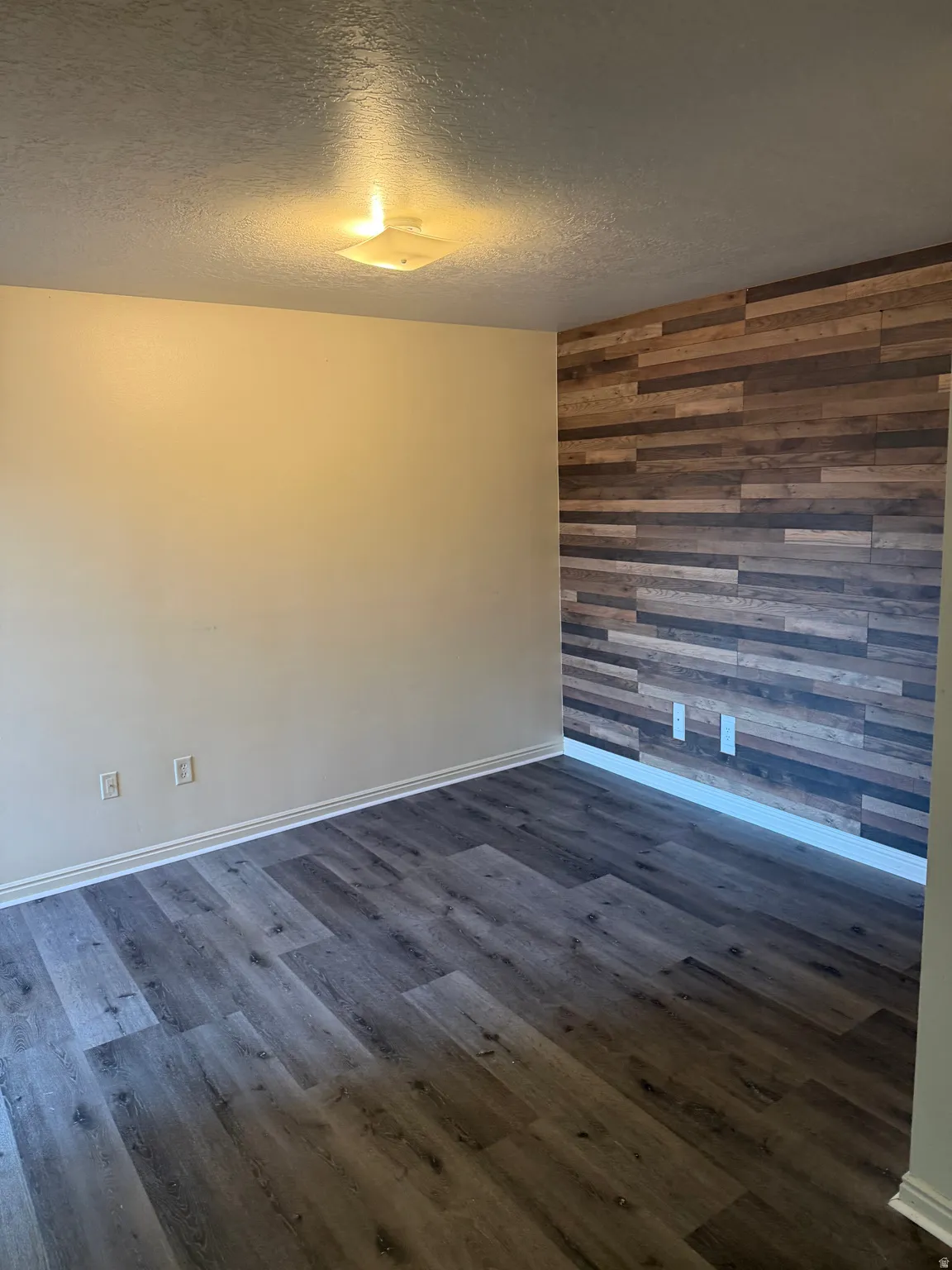 Wood-finish plank flooring, accent wall with varied wood-tone planks, neutral painted walls, white baseboards, and a flush mount ceiling light fixture