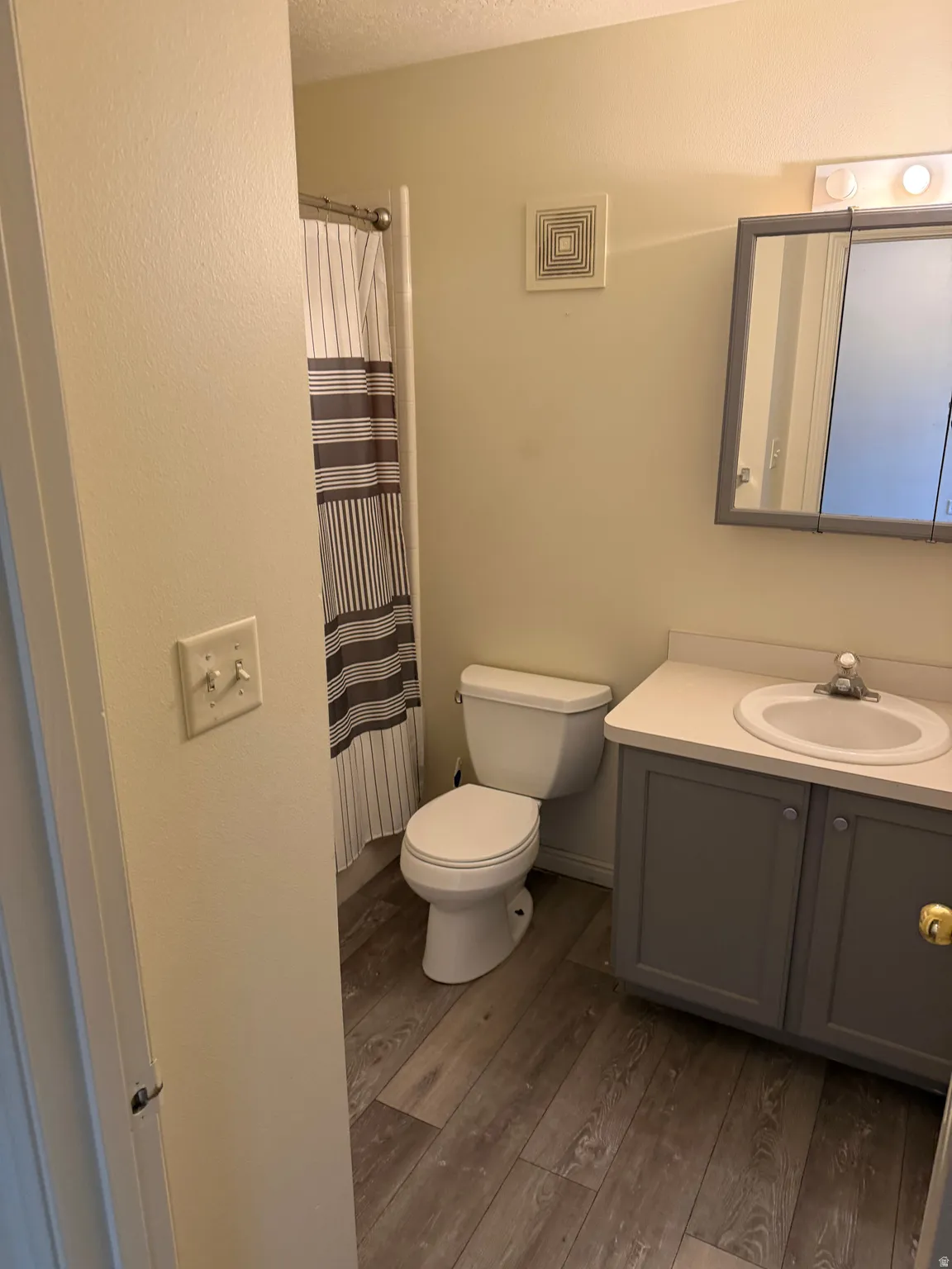 Vanity with grey cabinetry, white countertop, and integrated sink