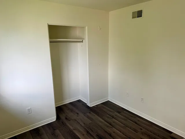 Wood-finish flooring with white baseboards, a built-in closet with hanging rod, and light-colored walls