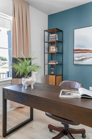 Light wood-finish flooring with a dark accent wall