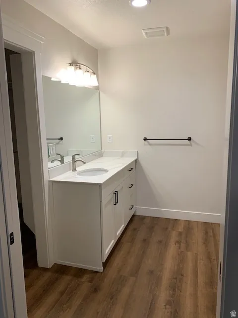 White vanity with a single basin, stone-finish countertop, and wood-finish flooring
