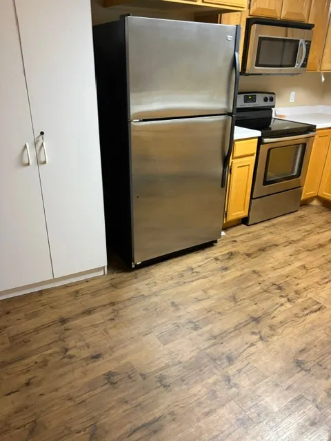 Stainless steel appliances, wood-finish flooring, white countertops, and light wood cabinetry