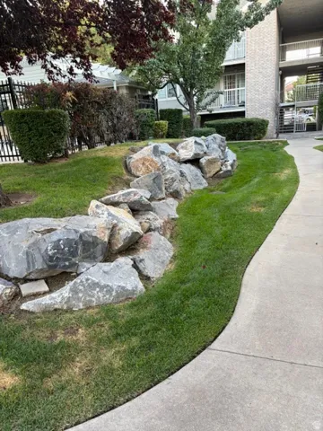 Curved concrete pathway with an adjacent rock garden and manicured lawn