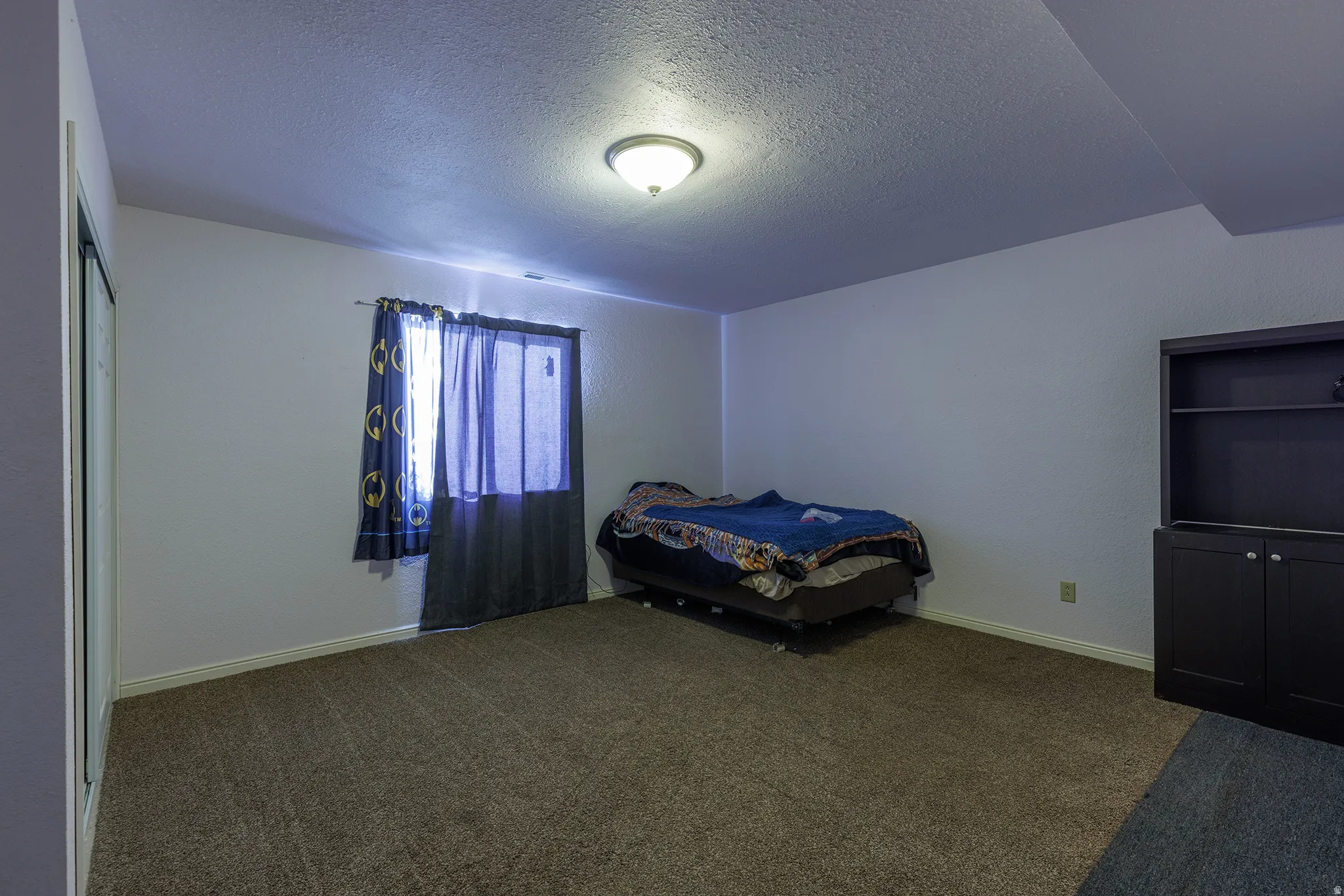 Spacious bedroom with neutral wall finishes, carpeted flooring, ceiling-mounted light fixture, and dual-pane window with blue drapery