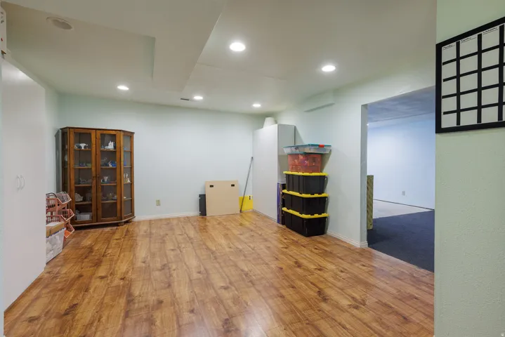 Wood-finish flooring with recessed lighting