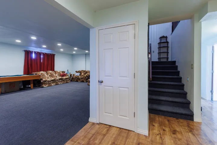 Wood-finish flooring, paneled interior door, and carpeted stairs