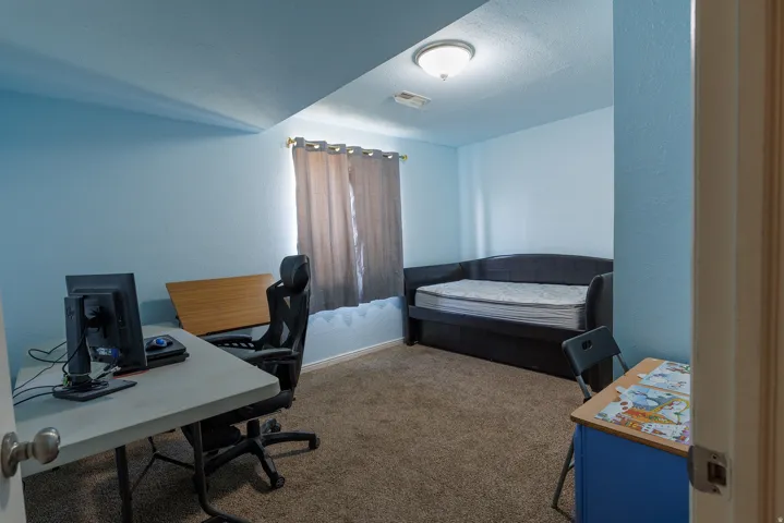 Carpeted room featuring a window with privacy curtains and a flush-mount ceiling light fixture