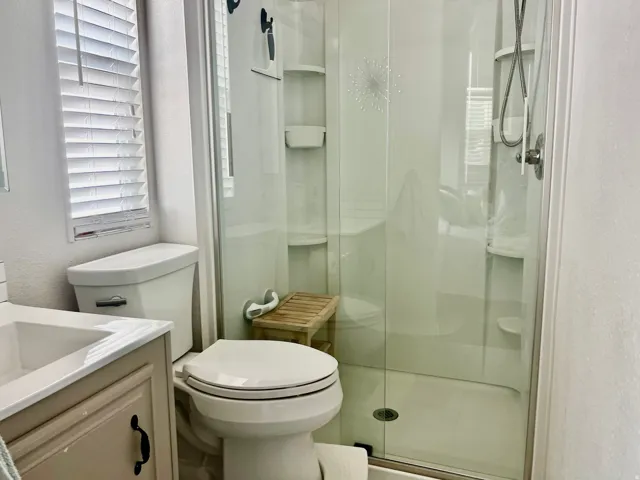 Glass-enclosed shower with integrated shelving, white toilet, and a vanity with an integrated sink