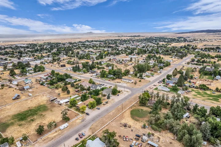Aerial perspective showcasing a residential area with varied lot sizes and established trees, bordered by undeveloped arid terrain