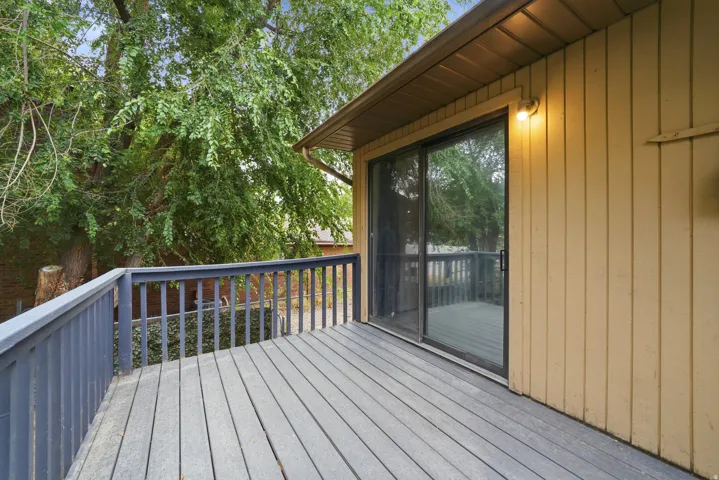 Exterior deck with dark gray wood-finish planks and matching railing