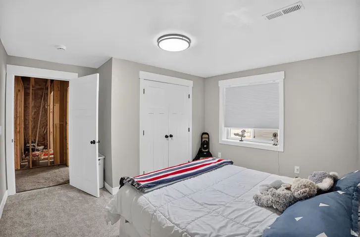 Neutral-toned walls with contrasting white trim, carpeted flooring, and a modern flush-mount ceiling light