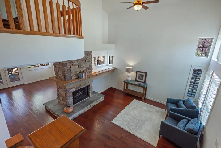 Looking Down on the Living Room and the Two-Sided Fireplace to the Family Room