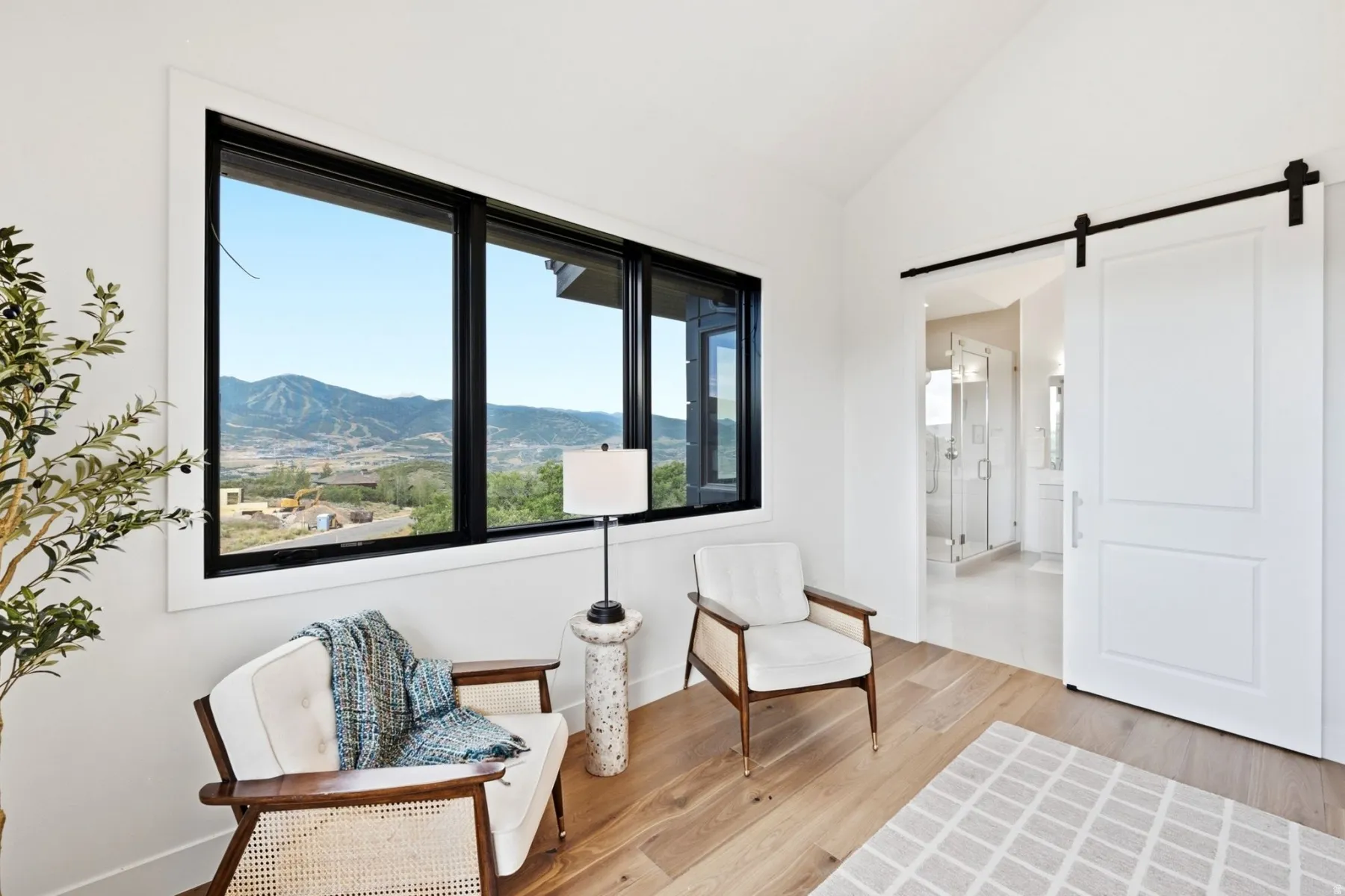Expansive window with black framing, wood-finish flooring, white walls, vaulted ceiling, and a sliding barn door with black hardware