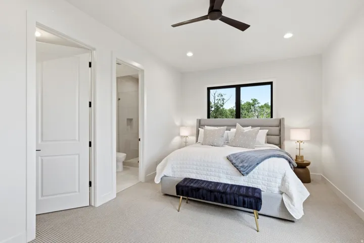 Recessed lighting, ceiling fan, and carpeted flooring