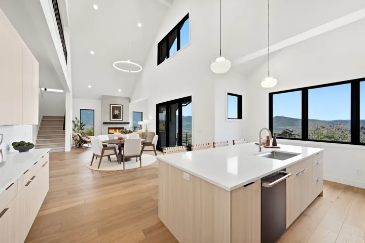 Vaulted ceilings, wood-finish flooring, a contemporary fireplace, and a kitchen island with an integrated sink and dishwasher