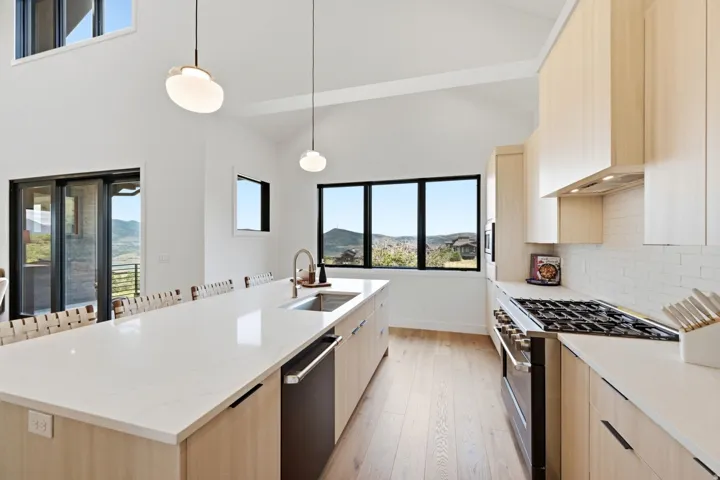 Kitchen featuring a large central island, light wood-finish cabinetry, stainless steel appliances, and multiple large windows