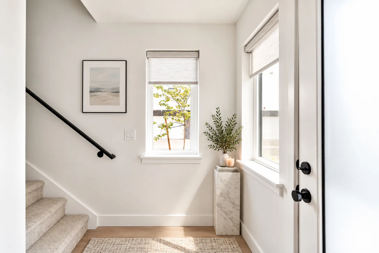 Entryway featuring wood-finish flooring, carpeted stairs with a matte black handrail, dual windows with roller shades, and a glass-paneled entry door with matte black hardware