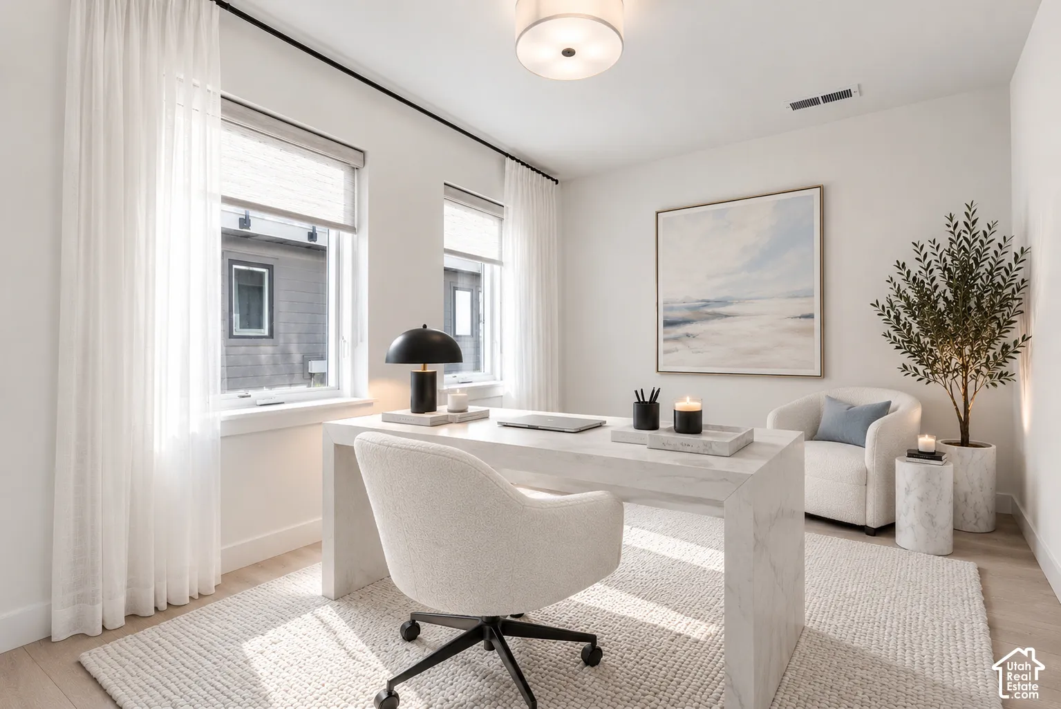 Room featuring light-toned wood-finish flooring, two dual-pane windows with window treatments, and a neutral palette