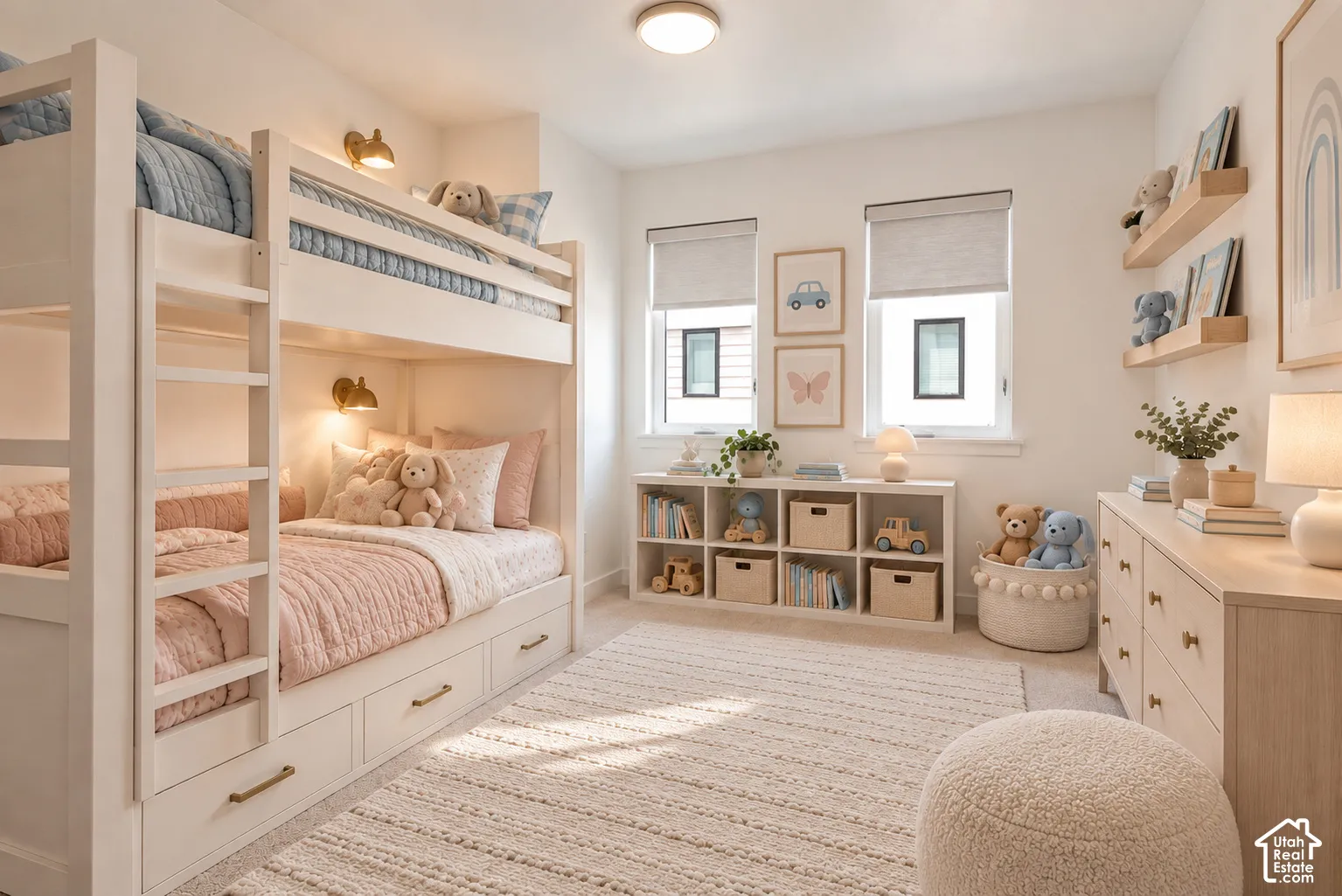 Bedroom featuring two double-pane windows, recessed ceiling lighting, wall-mounted light fixtures, and wall-to-wall carpeting