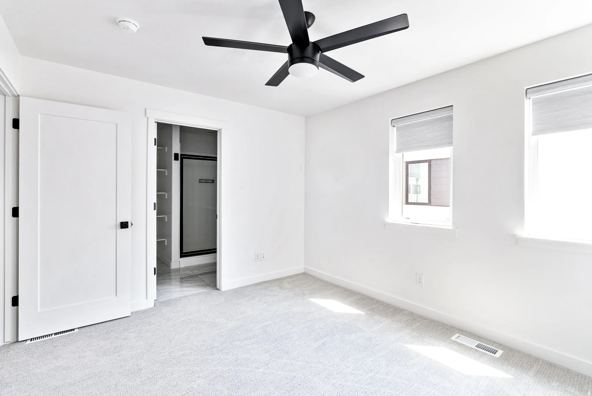 Bright interior featuring neutral carpeting, a contemporary ceiling fan, and two windows with roller shades