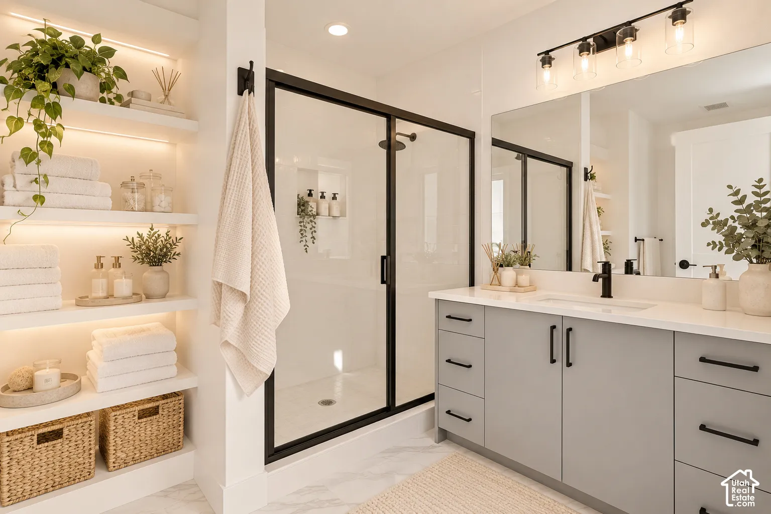 Bathroom featuring a walk-in shower with matte black hardware, floating shelves with integrated LED lighting, and a grey vanity topped with a rectangular undermount sink