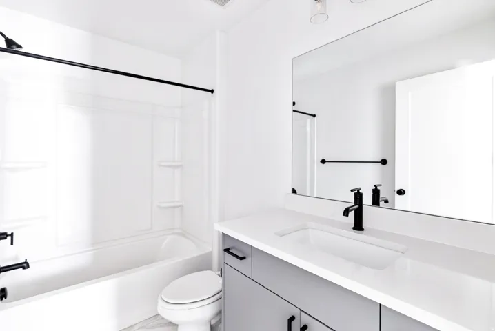 White shower/tub combination with black fixtures