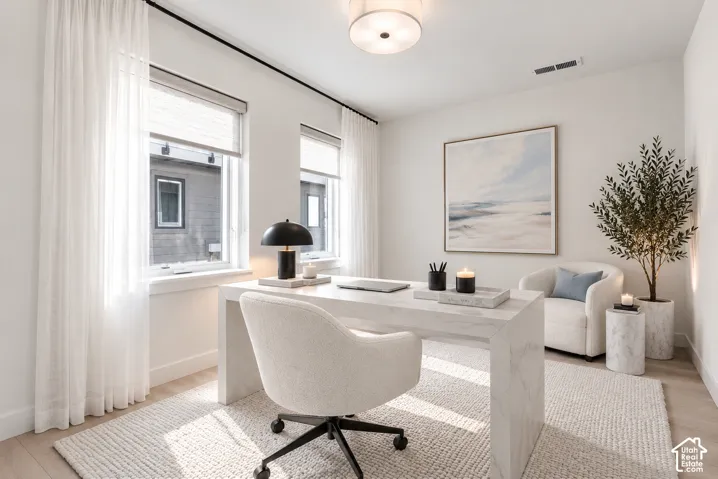 Room featuring light-toned wood-finish flooring, two dual-pane windows with window treatments, and a neutral palette