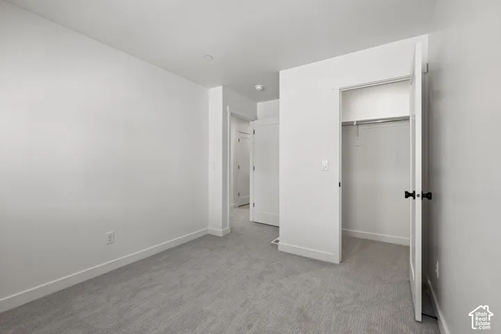 Plush gray carpeting, white painted walls, white trim, and a built-in closet with hanging rod