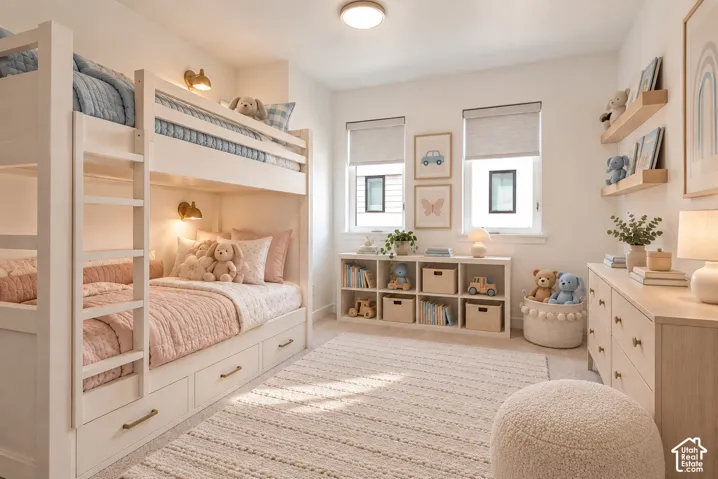 Bedroom featuring two double-pane windows, recessed ceiling lighting, wall-mounted light fixtures, and wall-to-wall carpeting
