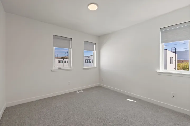 White walls, light gray carpet, multiple windows with blinds, and a flush-mount ceiling light