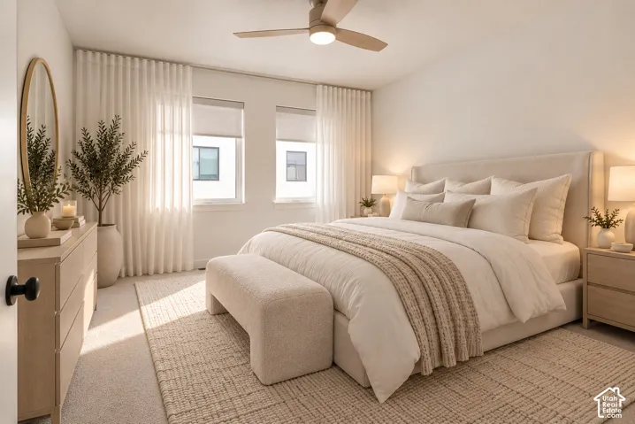 Neutral-toned bedroom featuring dual windows, wall-to-wall carpeting, and a ceiling-mounted light fixture with fan blades
