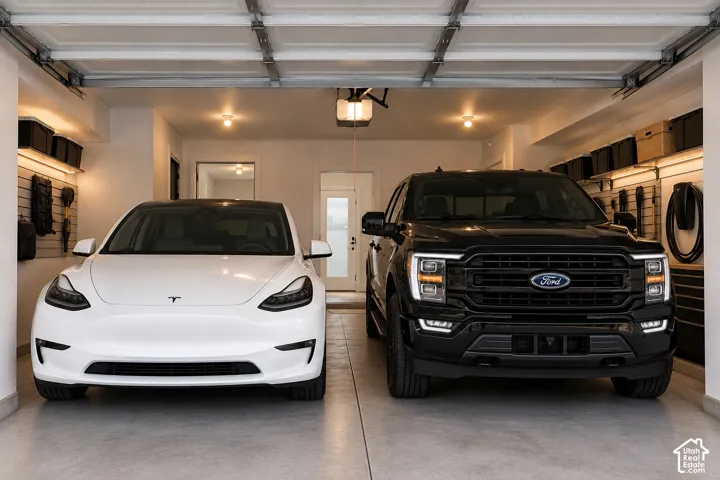 Attached two-car garage featuring epoxy flooring, wall-mounted storage organization systems, integrated under-cabinet lighting, and an electric vehicle charging station
