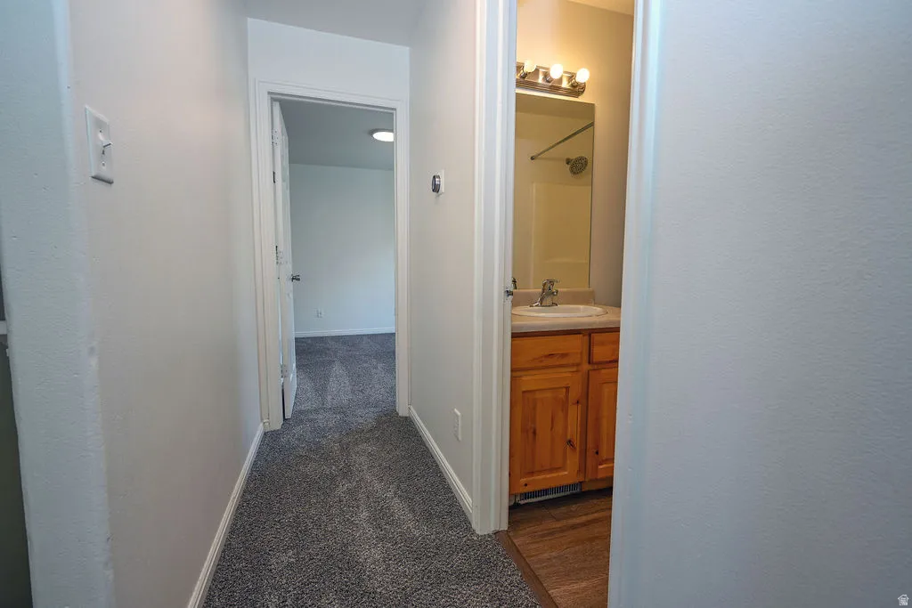 Hallway with neutral carpeting and light-toned walls