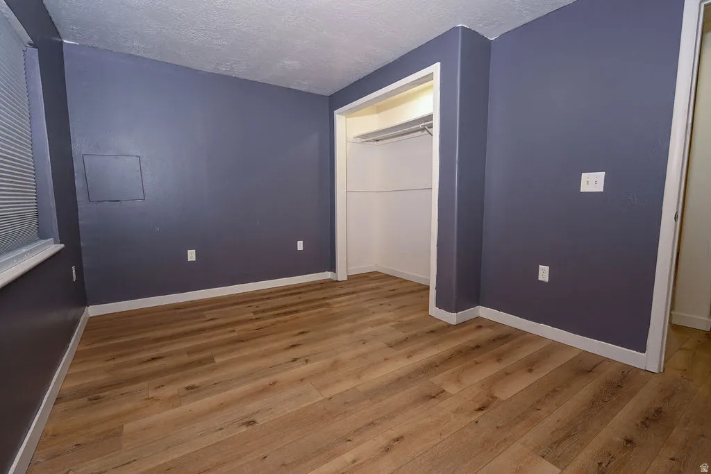 Wood-finish flooring with a neutral tone, built-in closet, and a window featuring horizontal blinds