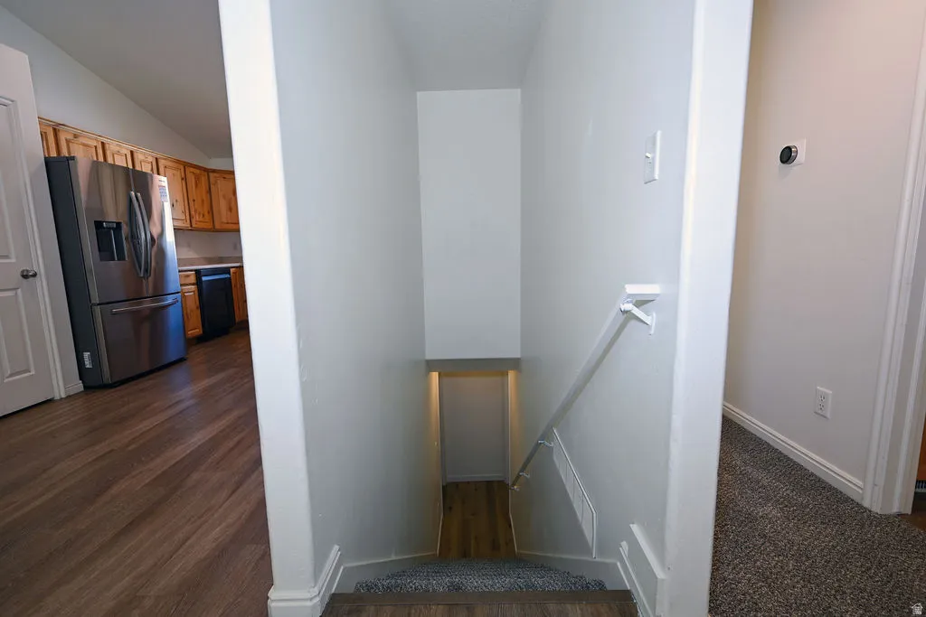 Recessed staircase featuring a white handrail, wood-finish flooring, and light carpeting