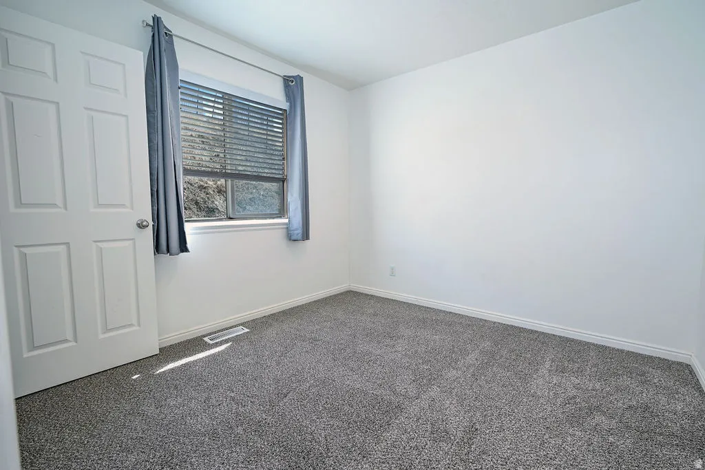 Gray carpet flooring, white walls, and a window with horizontal blinds
