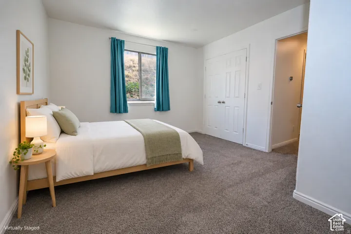 Neutral wall tones, wall-to-wall carpeting, window with natural lighting, and double-door closet