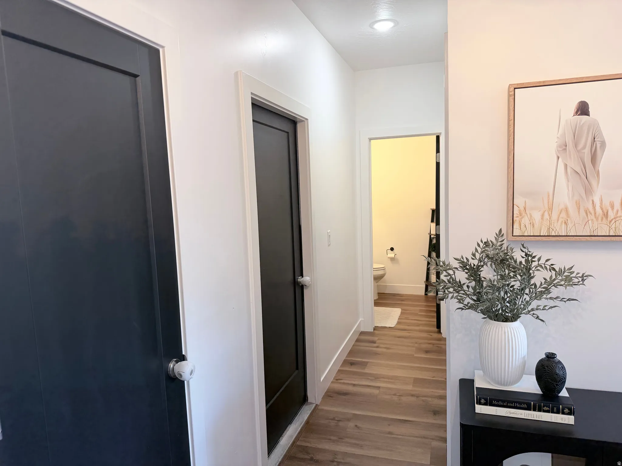 Wood-finish flooring throughout, bright white walls, recessed ceiling lighting, and contrasting dark interior doors