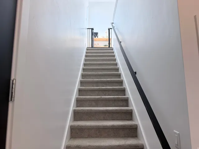 Carpeted staircase with white risers and a black handrail