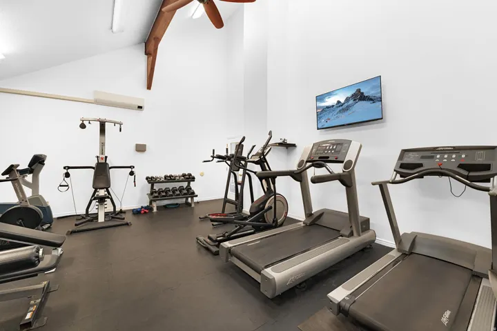 Vaulted ceiling with exposed wood beam, ceiling fan, hard surface flooring, and wall-mounted television