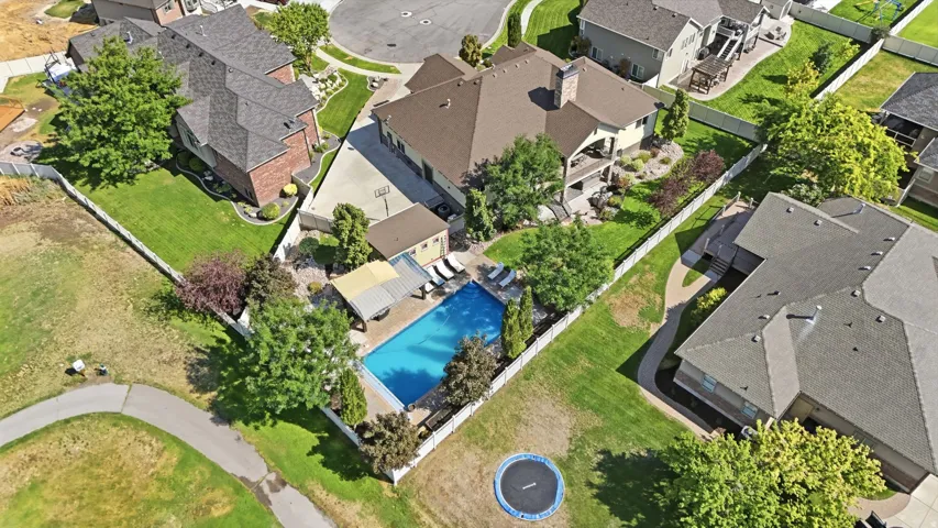 Expansive backyard featuring a swimming pool, covered patio, and manicured lawn
